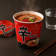 Nouilles instantanées Shin Ramyun épicées avec champignons, poivrons rouges et verts.