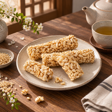 Plusieurs biscuits croustillants au riz complet soufflé sont disposés sur une assiette, sur une table en bois. Une tasse de thé chaud accompagne cette collation coréenne légère et gourmande.