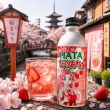 Boisson gazeuse japonaise à la fraise HATA 500 ml, soda japonais pétillant au goût de fraise, présenté avec des fraises fraîches et des fleurs de cerisier dans un décor traditionnel japonais.