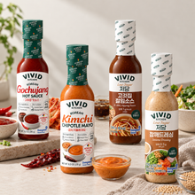 Gamme de sauces coréennes VIVID : sauce piquante au gochujang, mayonnaise kimchi chipotle, sauce coréenne pour barbecue et vinaigrette au sésame allégée en sucre.