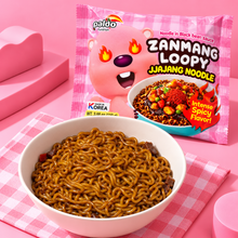 Nouilles instantanées coréennes Paldo Zanmang Loopy Jjajang épicées 110 g, avec sauce aux haricots noirs, nouilles épaisses et garniture de légumes, pour les amateurs de nouilles coréennes piquantes.